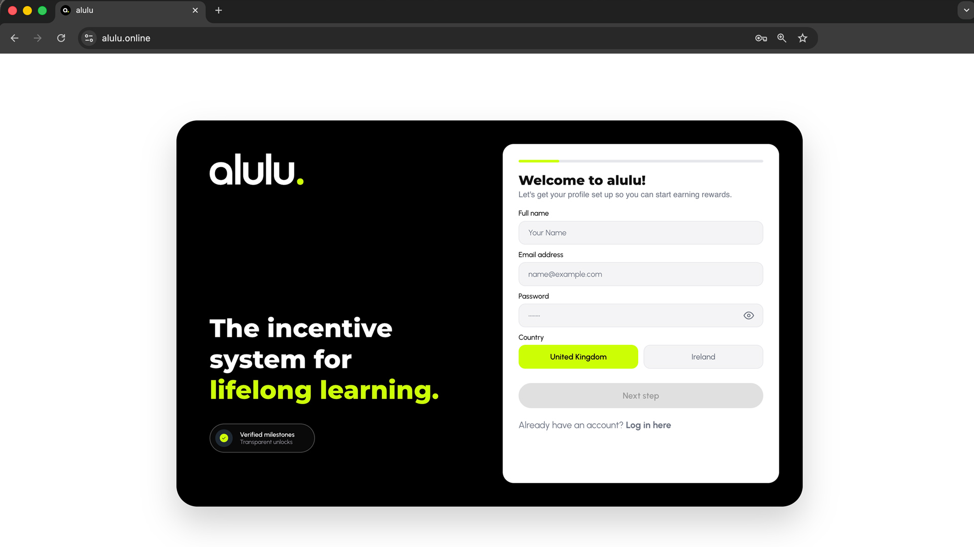 alulu sign up screen