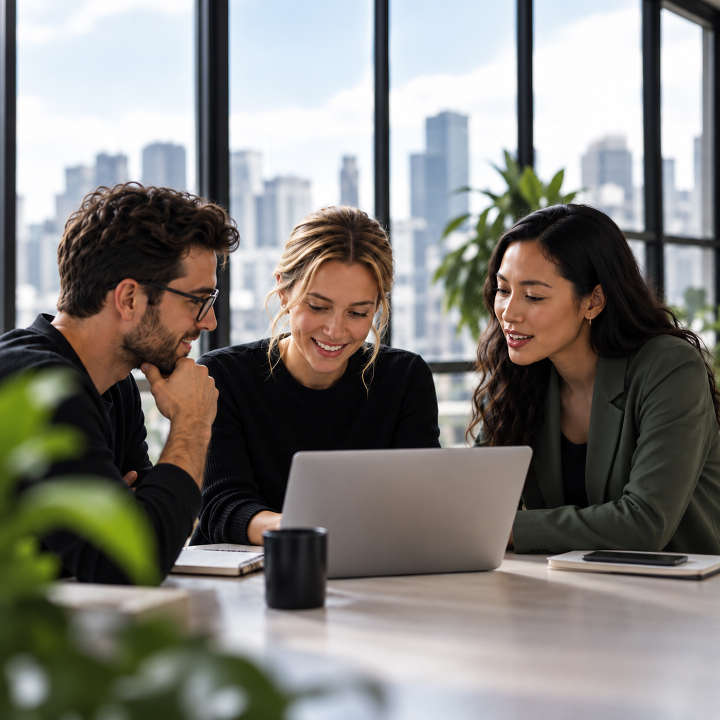 Professionals discussing ideas around a laptop